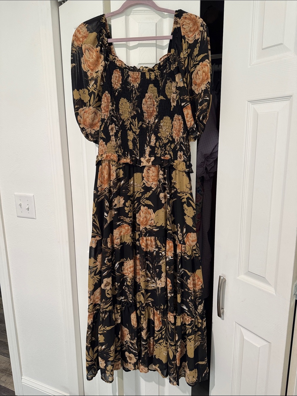 Hayden Black Floral Midi Dress with Puff Sleeves